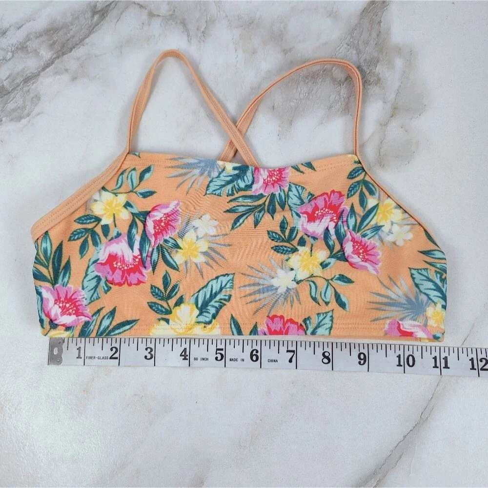 Art Class Girls' Orange Tropical Hawaiian Print Bikini Top, Sz M (7/8)